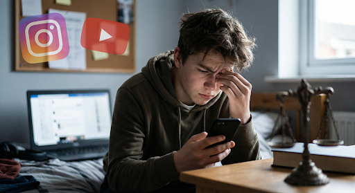 Teen using smartphone highlighting tech regulation and social media mental health concerns.