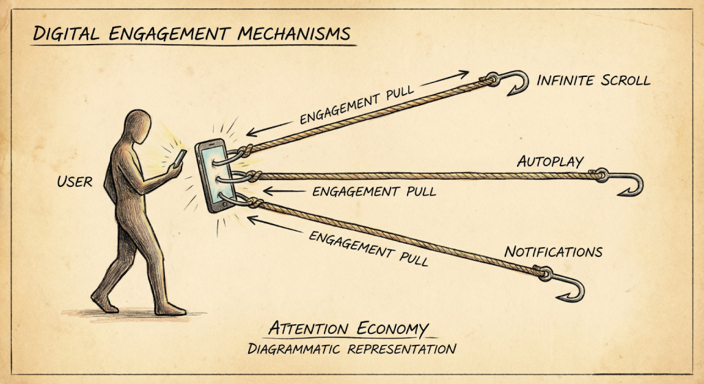 Illustration of social media features pulling users in