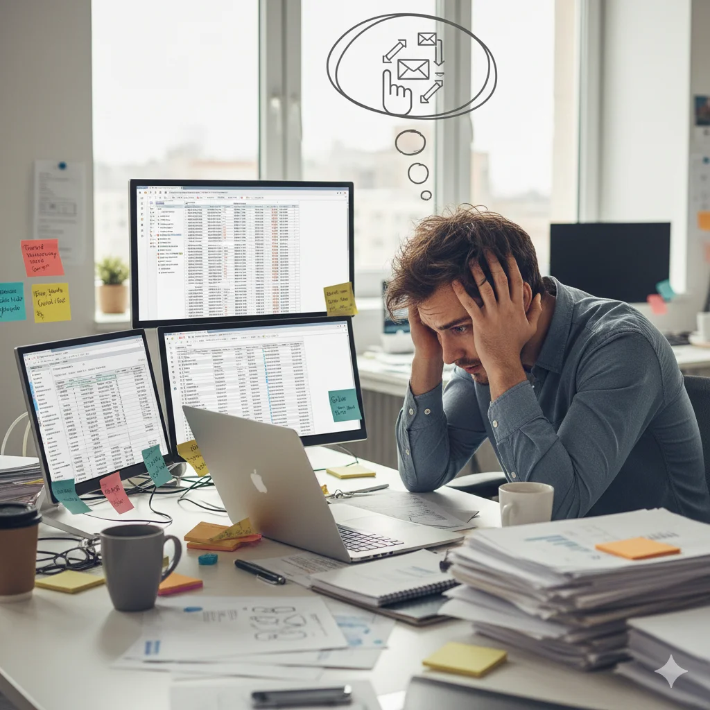 Employee struggling with manual workflows and switching between multiple apps for repetitive tasks
