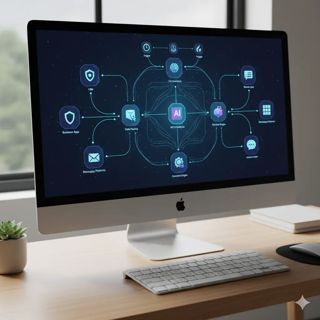 diagram showing AI workflow automation with triggers actions and connected applications