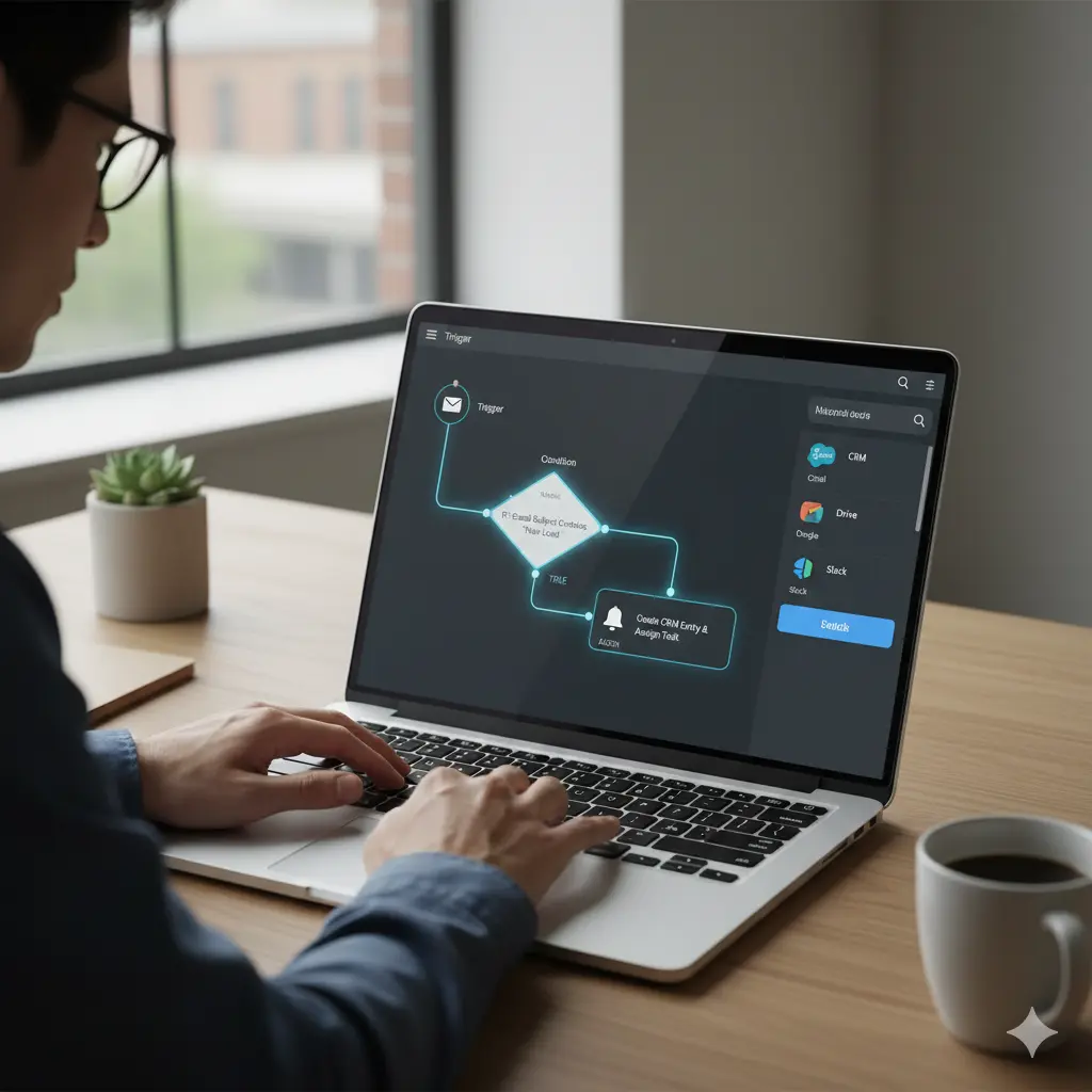 visual workflow builder creating automated process with triggers conditions and actions